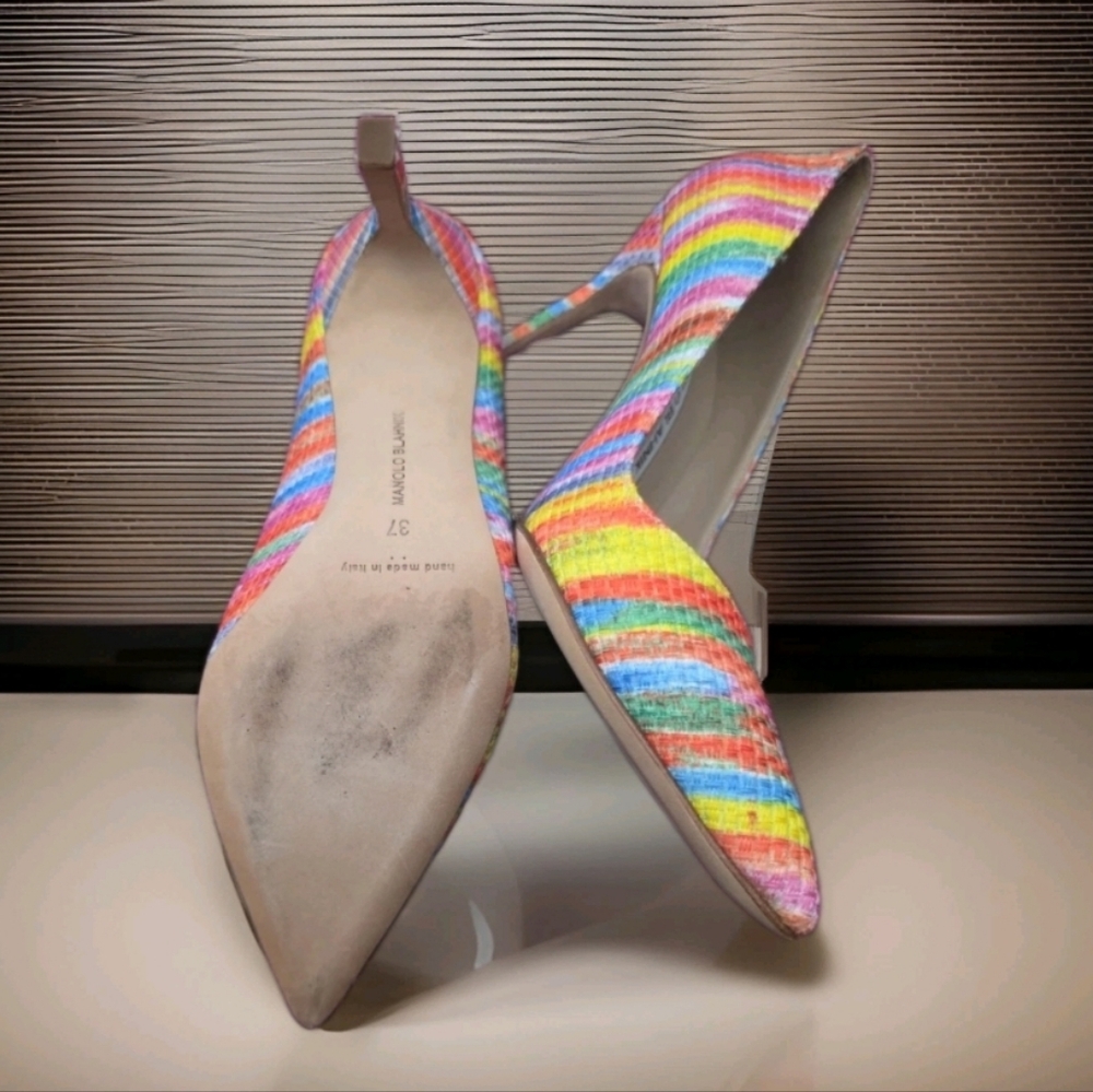 Manolo Blahnik Rainbow Striped Pointed-Toe Pumps - Picture 2 of 6